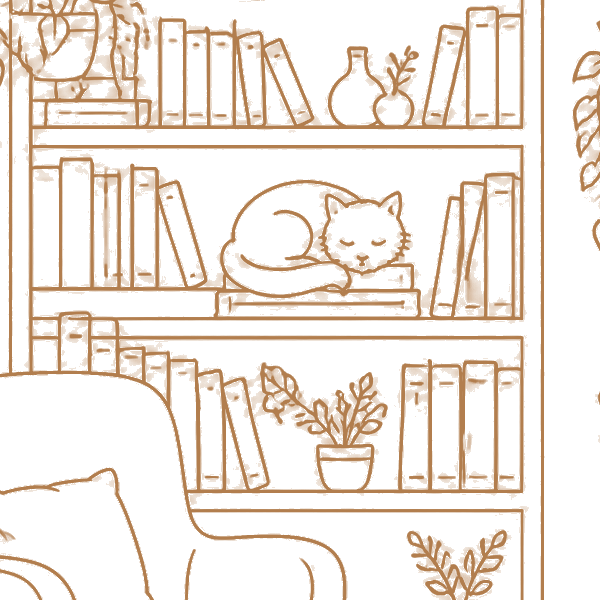 Line illustration of the Paws and Pages shop: bookshelves, a sleeping cat, a dog on a rug and a bird perch